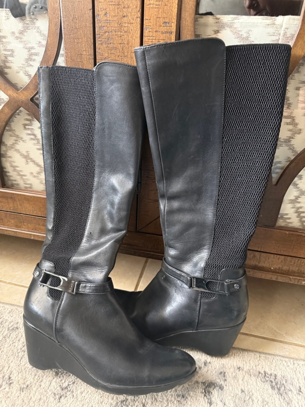 Blondo Black Wedge Knee-High Boots with Ankle Strap